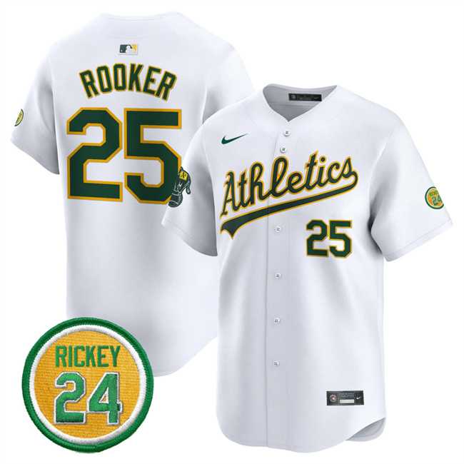 Mens Oakland Athletics #25 Brent Rooker White 2024 Home Limited With Rickey Henderson Patch Stitched Jersey Dzhi